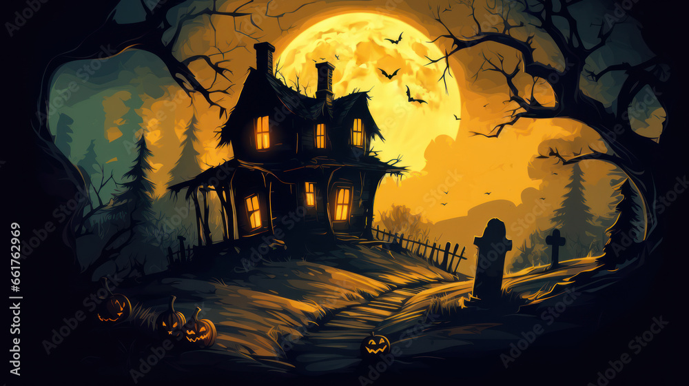 Illustration of a haunted house in shades of dark yellow. Halloween, fear, horror