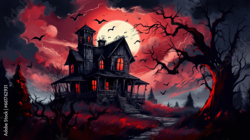 Illustration of a haunted house in shades of dark red. Halloween, fear, horror