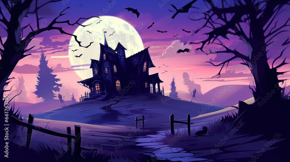 Illustration of a haunted house in shades of dark purple. Halloween, fear, horror