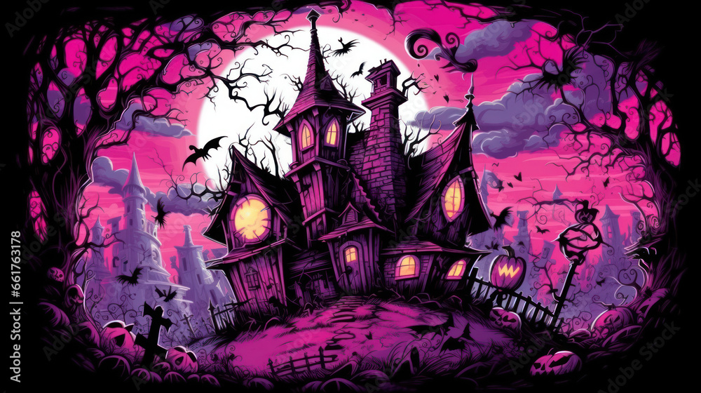 Illustration of a haunted house in shades of dark pink. Halloween, fear, horror