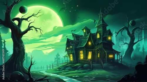 Illustration of a haunted house in shades of light green. Halloween, fear, horror