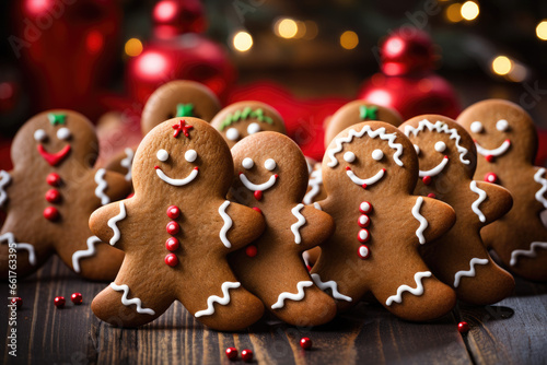 Gingerbread men cookies arranged in a festive holiday setting