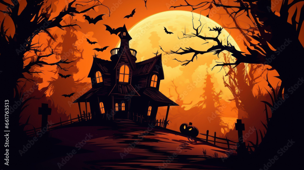 Illustration of a haunted house in shades of vivid brown. Halloween, fear, horror