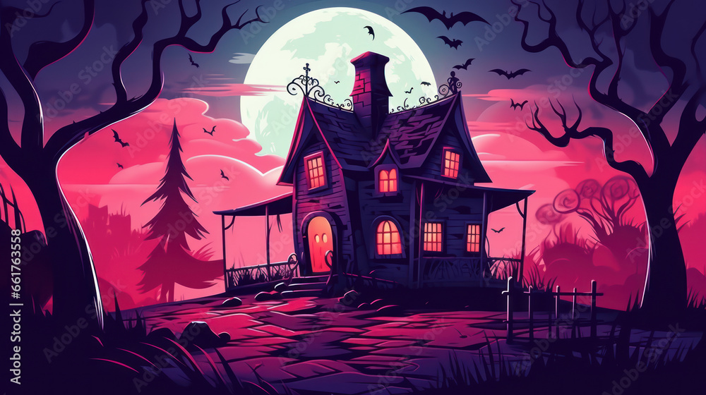 Illustration of a haunted house in shades of vivid maroon. Halloween, fear, horror