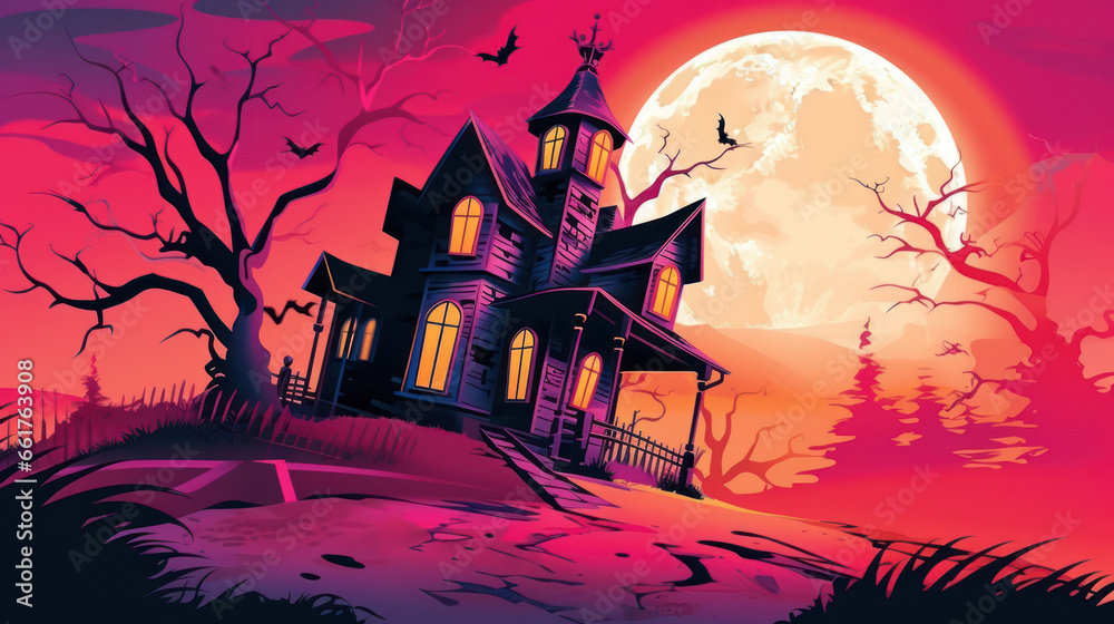 Illustration of a haunted house in shades of vivid pink. Halloween, fear, horror