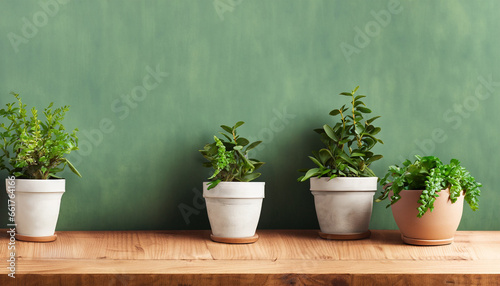 Wooden table adorned with potted plants against a vibrant green wall backdrop