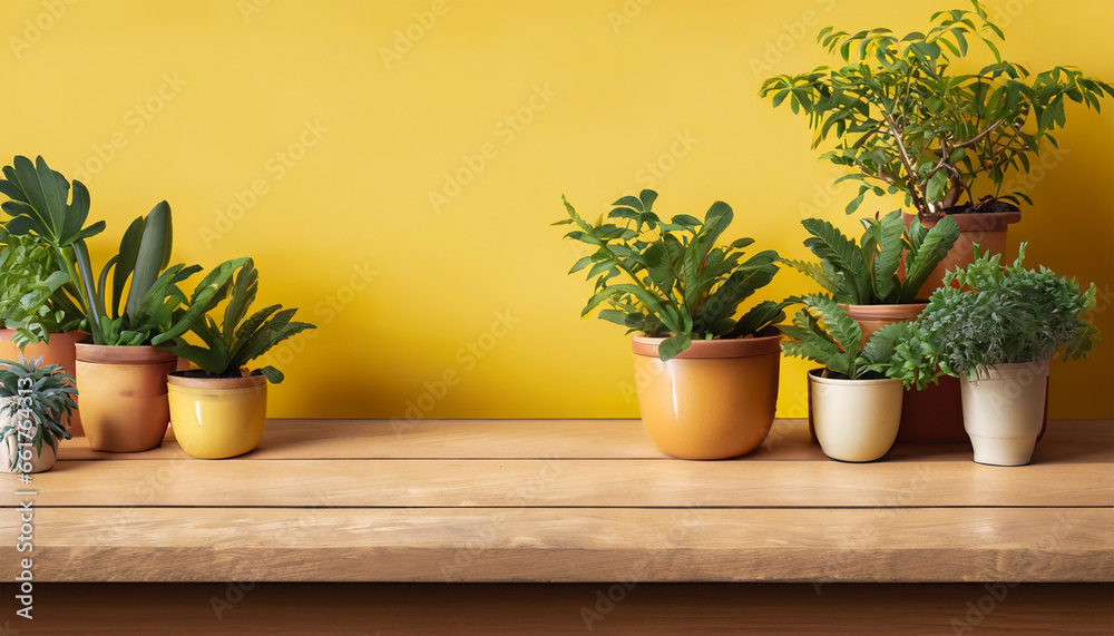 Wooden table with green potted plants against a bright yellow wall background