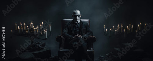 Moody and atmospheric portrayal of villain character in a theatrical or cinematic style