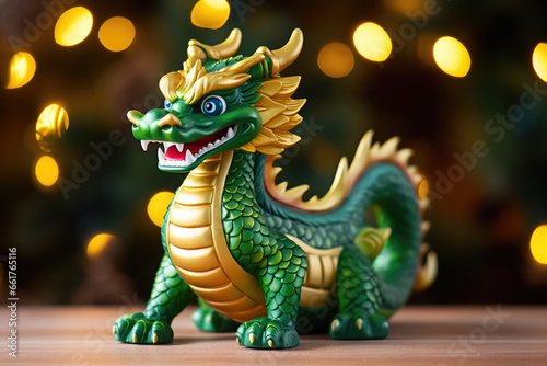 Green wooden dragon toy - the cute sign of New Year 2024 on Christmas background.