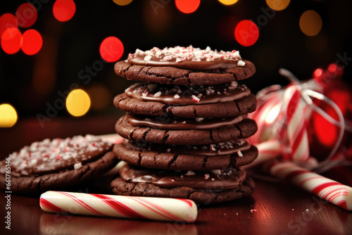 Stack of delicious chocolate and peppermint swirl cookies against a festive holiday background photo