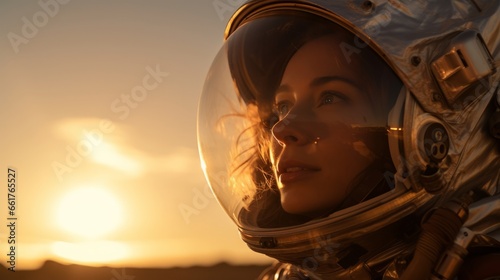 Female astronaut in a space suit walking on Mars or other red sandy planet. Sci-Fi Space Travel Concept.