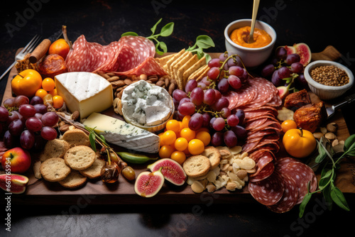 Elegantly arranged charcuterie board with a variety of cured meats, cheeses, fruits, and artisanal crackers