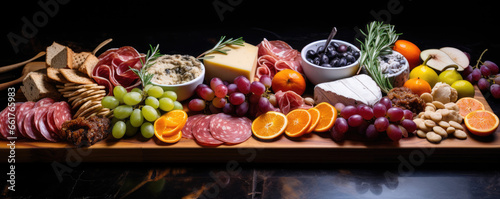 Elegantly arranged charcuterie board with a variety of cured meats, cheeses, fruits, and artisanal crackers