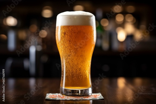 Fotótapéta A frothy pint of golden lager in a pub glass. Generative AI