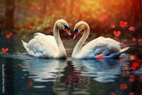 Two colorful swans swimming romantically. Generative AI