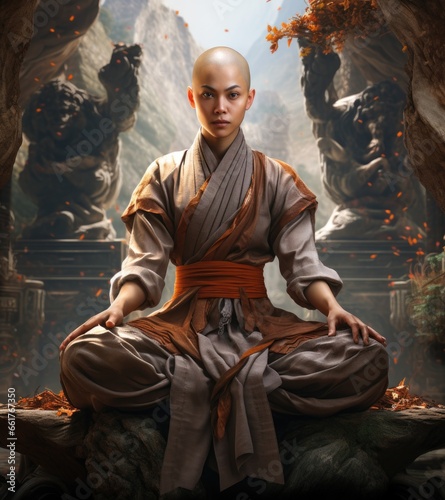 China young female shaolin asia monk in monastery. Spiritual development tranquility, yin yang balance, ascetic, Buddhist monastery, novices Shaolin Temple.