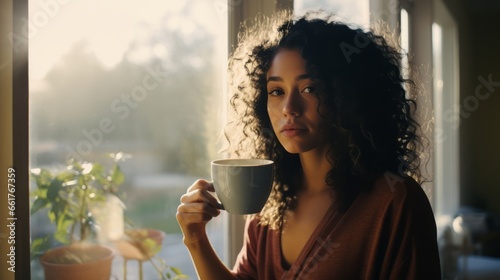 Young black woman with curly hair drinking tea by a window with light streaming in. 