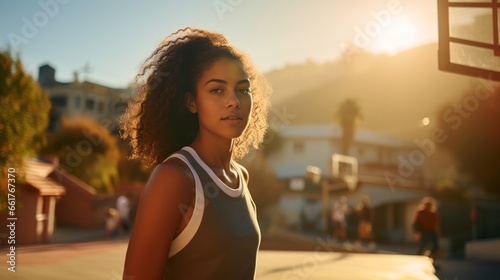 Black teenage girl with curly hair, wearing a jersey on a  basketball court at dusk.  © Paleta Images