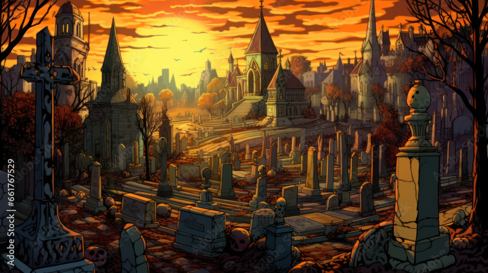llustration of a cemetery in halloween in yellow tone colors. fear horror