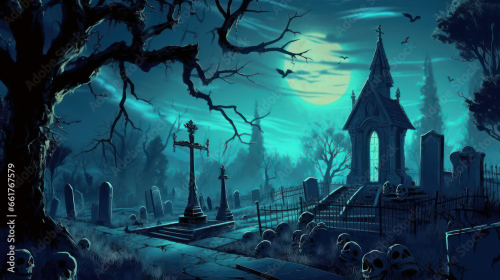 llustration of a cemetery in halloween in cyan tone colors. fear horror