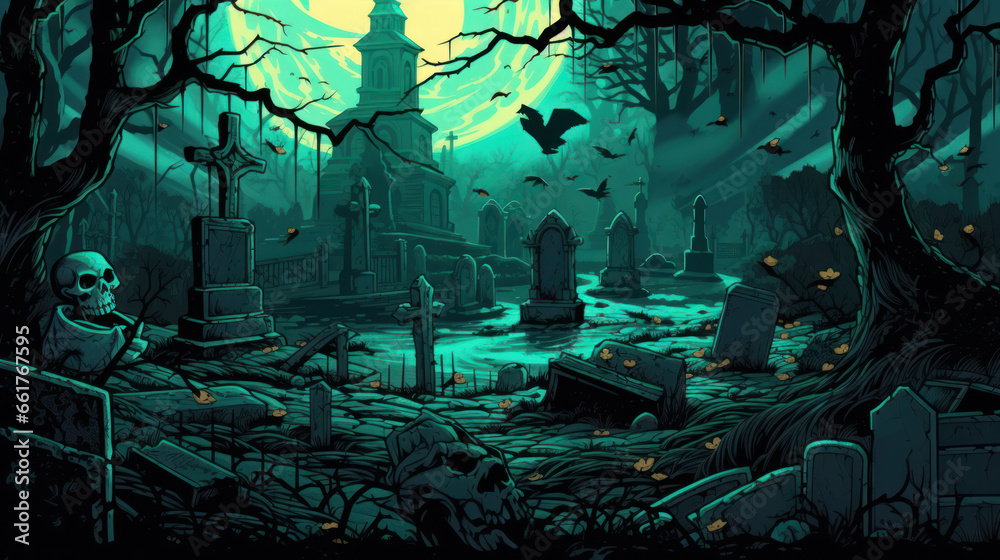 llustration of a cemetery in halloween in teal tone colors. fear horror