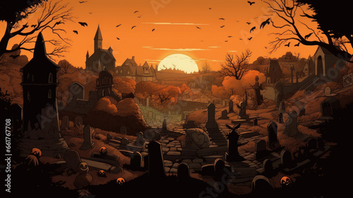 llustration of a cemetery in halloween in tan tone colors. fear horror