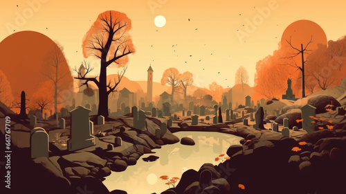 llustration of a cemetery in halloween in tan tone colors. fear horror