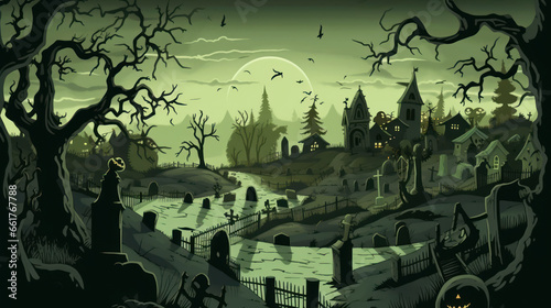 llustration of a cemetery in halloween in olive green tone colors. fear horror