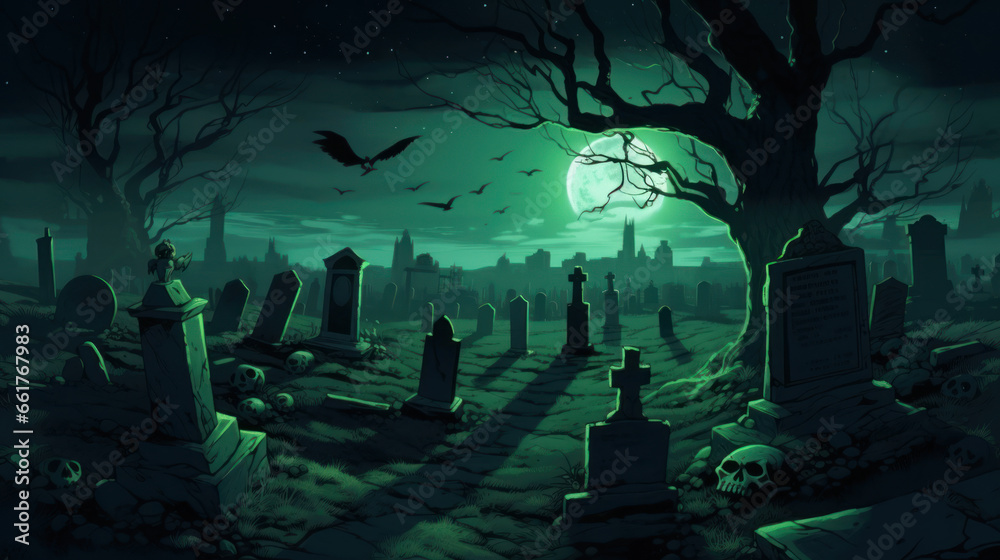 llustration of a cemetery in halloween in dark green tone colors. fear horror