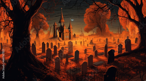 llustration of a cemetery in halloween in dark orange tone colors. fear horror