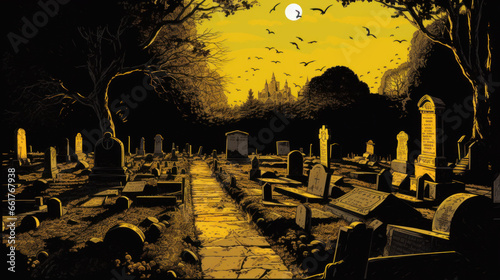 llustration of a cemetery in halloween in dark yellow tone colors. fear horror