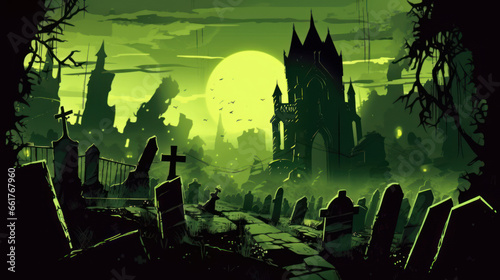 llustration of a cemetery in halloween in dark lime tone colors. fear horror