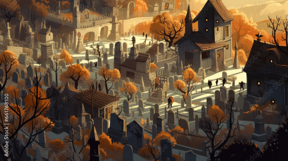 llustration of a cemetery in halloween in light brown tone colors. fear horror