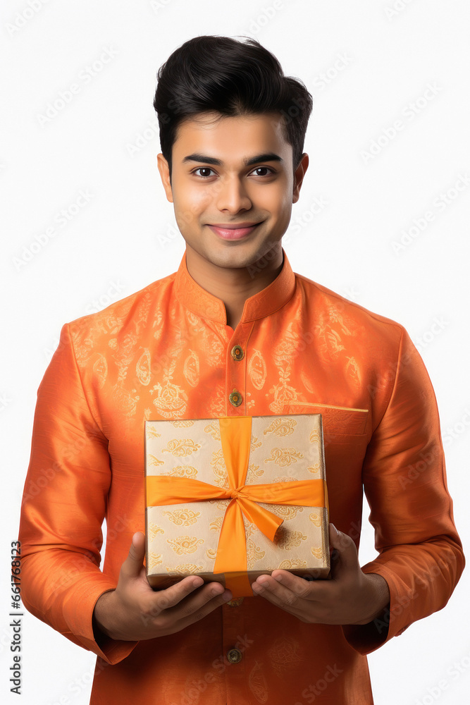 Young man in traditional wear smiling, holding a gift box in hand. Young man in traditional wear smiling, holding a gift box in hand.