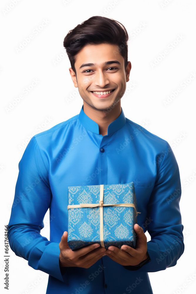 Young man in traditional wear smiling, holding a gift box in hand. Young man in traditional wear smiling, holding a gift box in hand.