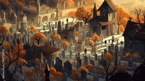 llustration of a cemetery in halloween in light brown tone colors. fear horror