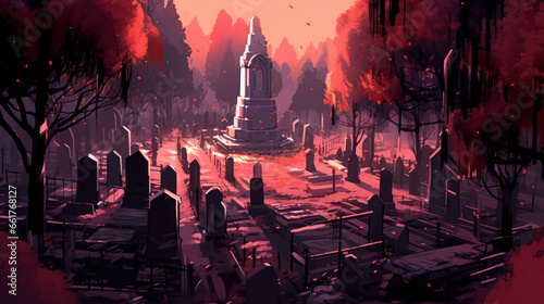 llustration of a cemetery in halloween in light maroon tone colors. fear horror photo