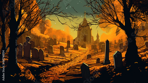llustration of a cemetery in halloween in light yellow tone colors. fear horror
