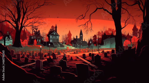 llustration of a cemetery in halloween in vivid red tone colors. fear horror