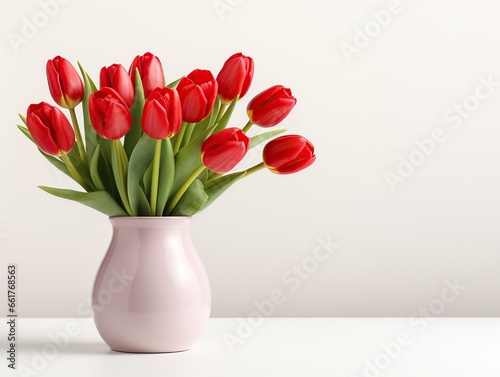 International woman s day concept. Spring home decorations with bouquet of red tulips in modern vase on white background  Generative AI