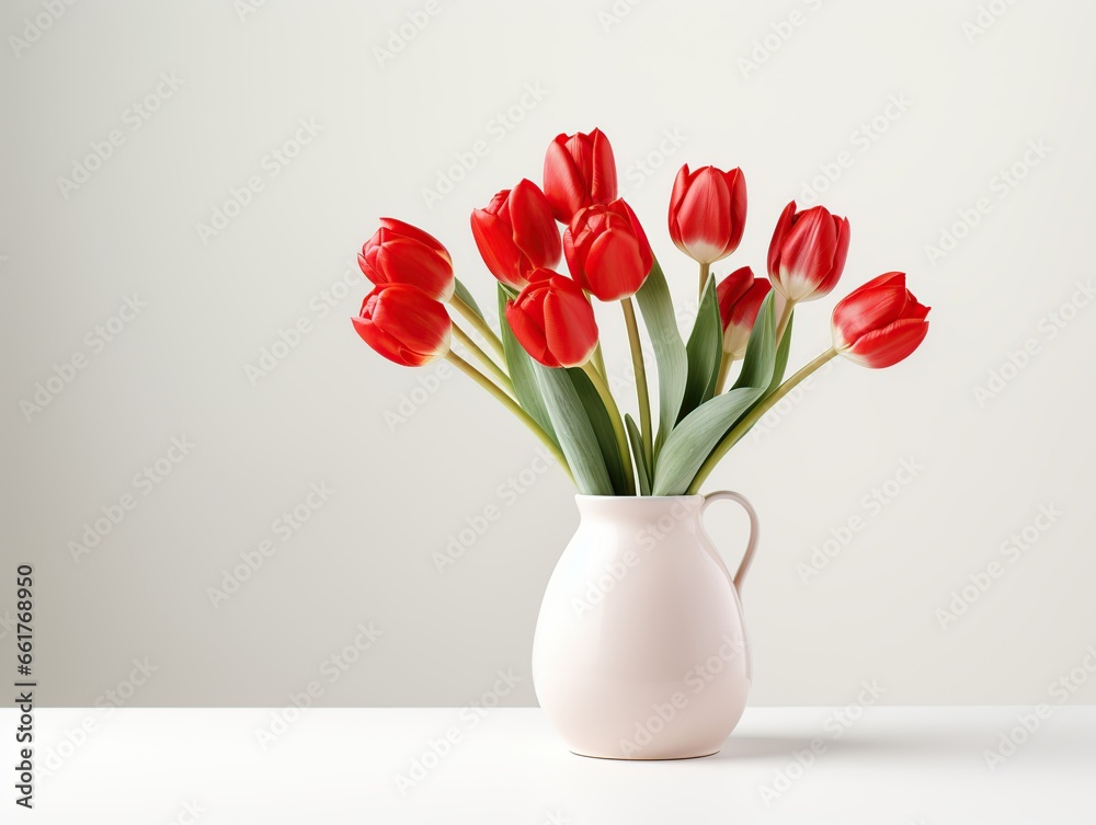International woman's day concept. Spring home decorations with bouquet of red tulips in modern vase on white background, Generative AI International woman's day concept. Spring home decorations with bouquet of red tulips in modern vase on white background, Generative AI