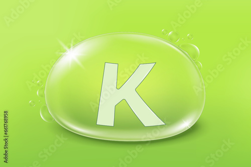 Vitamin K in bubble. Vitamin k icon. Vitamins complex banner for advertising, health, medical science. Beauty treatment skin care design.