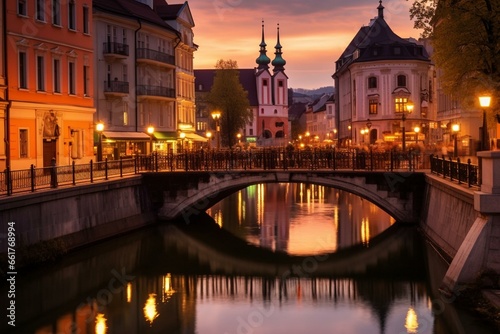 Evening view of a historic cityscape in Ljubljana, Slovenia. Generative AI photo