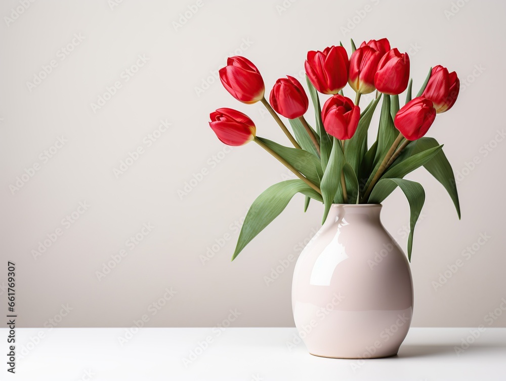 International woman's day concept. Spring home decorations with bouquet of red tulips in modern vase on white background, Generative AI