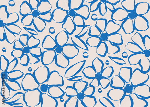 Abstract hand drawn flower art seamless pattern illustration. Cute botanical shapes, random childish doodle cutouts of tropical leaves, flowers and branches, decorative abstract art vector