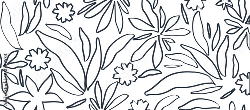 Abstract hand drawn flower art seamless pattern illustration. Cute botanical shapes, random childish doodle cutouts of tropical leaves, flowers and branches, decorative abstract art vector