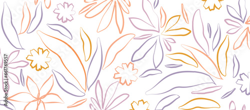 Abstract hand drawn flower art seamless pattern illustration. Cute botanical shapes, random childish doodle cutouts of tropical leaves, flowers and branches, decorative abstract art vector