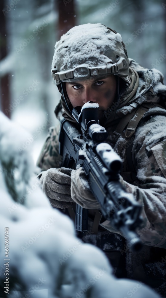 Soldier aiming his sniper rifle in the cold winter snow during a battle