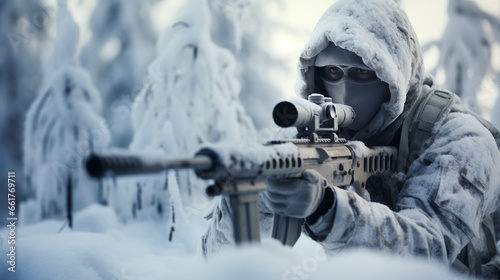 Photographie Soldier aiming his sniper rifle in the cold winter snow during a battle