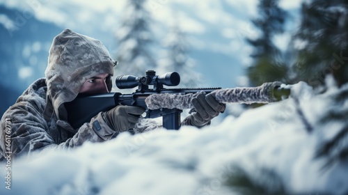 Soldier aiming his sniper rifle in the cold winter snow during a battle photo